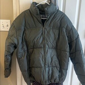 Olive Green Double Down Puffer Jacket - Men's Warm Zip-Up Coat